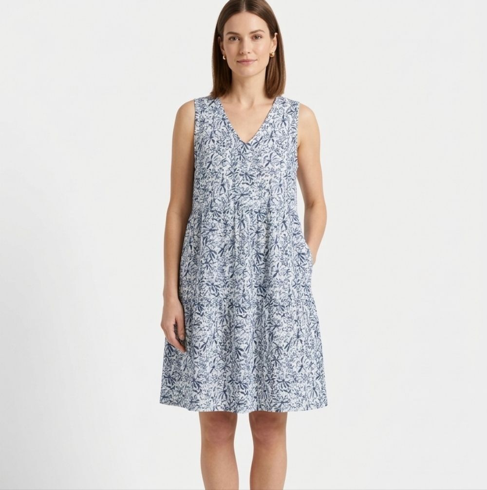 Lucky Brand Blue White Floral 100% Linen Tiered V-Neck Dress M Coastal Grandma